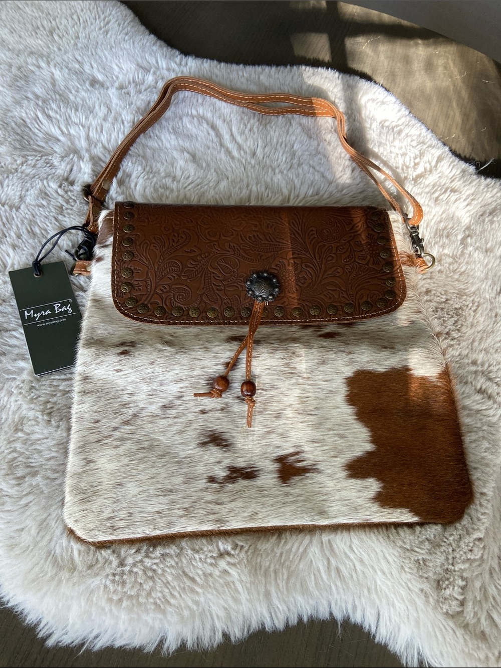 Myra Bag Brown Tooled Leather & Cowhide Shoulder Bag with Concho
